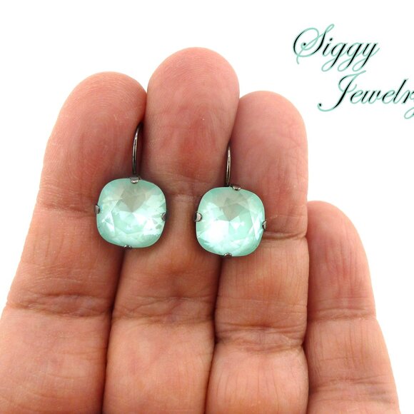 Soft Mint Ignite Cushion Cut Crystal Earrings made with Genuine Austrian Crystal - Picture 5 of 6
